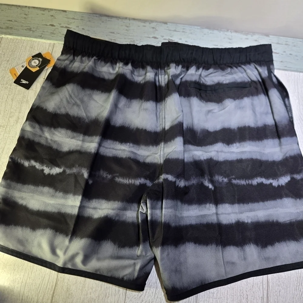 Speedo Mens Swim Trunks Shorts Tie DYE Black Gray XXL Drawstring UV 50+